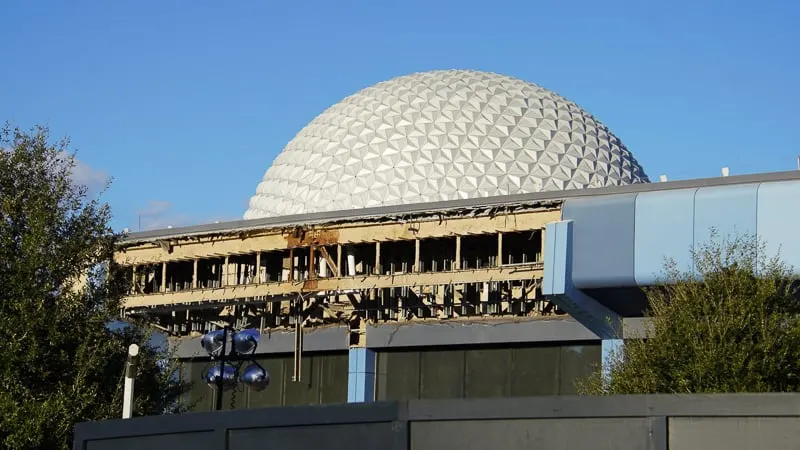 Innoventions demolition in Epcot Future World with Spaceship Earth behind