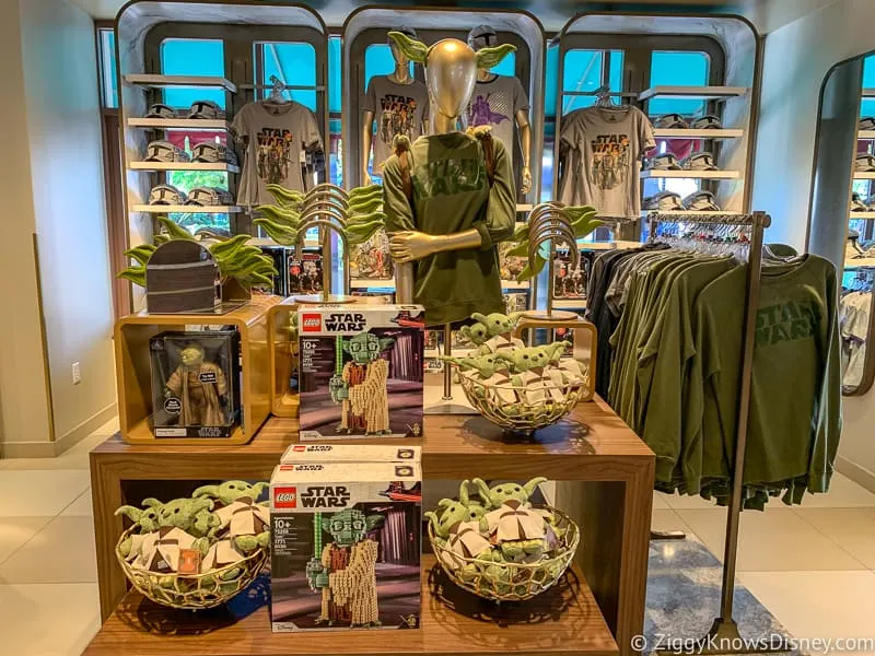 New Yoda merchandise display in Hollywood Studios with t-shirts, plushes and legos
