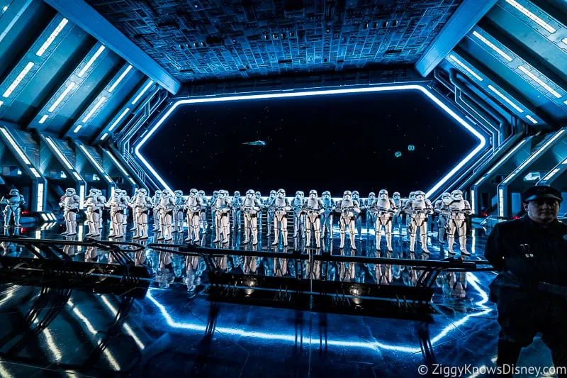 Star Wars: Rise of the Resistance ride hanger bay full of stormtroopers