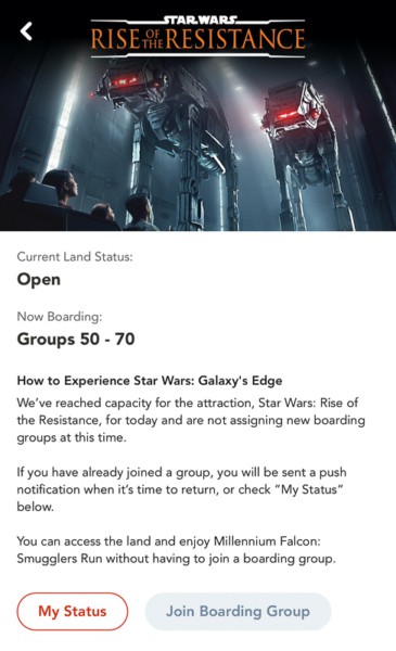 Virtual Queue Boarding Group Status Rise of the Resistance