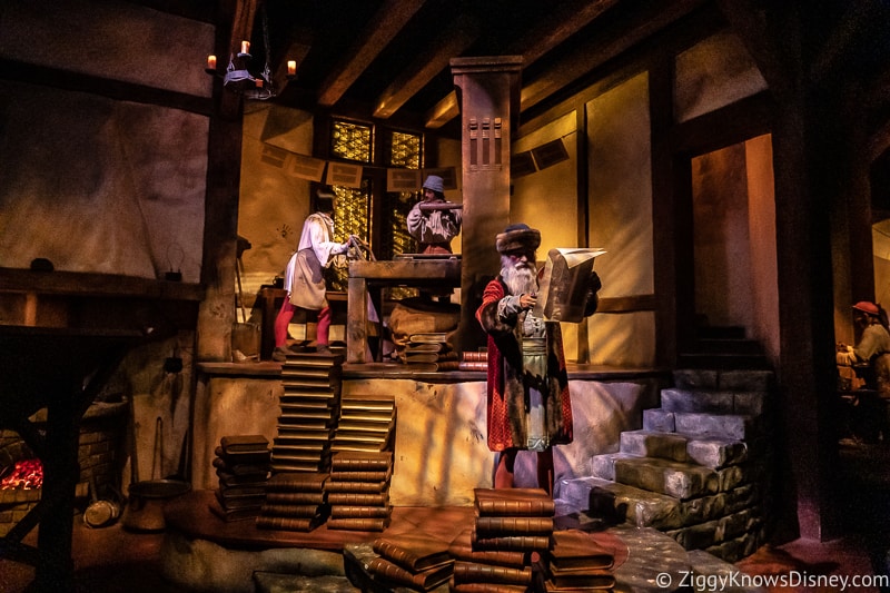 Spaceship Earth attraction printing scene Gutenberg