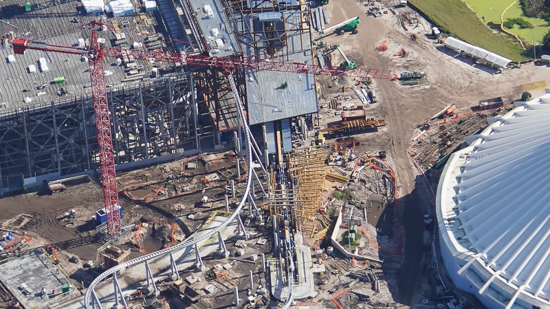 TRON Coaster Construction Update January 2020 aerial photo of track outside