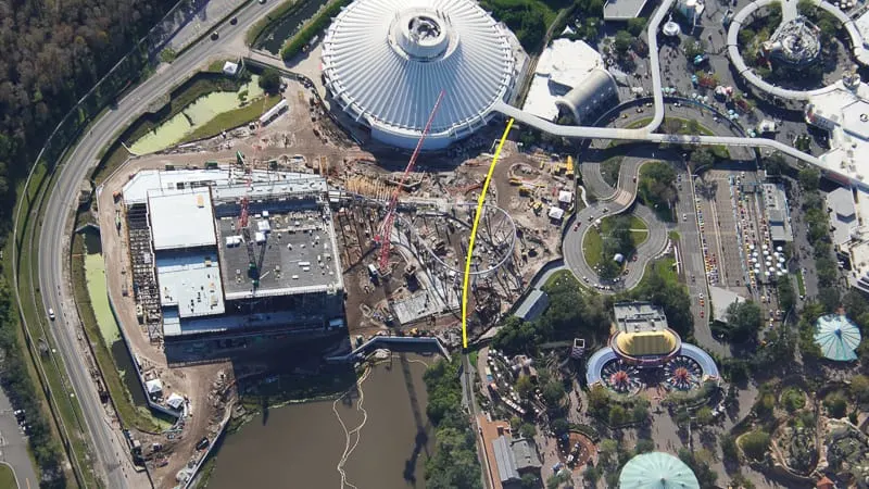 TRON Coaster Construction Update January 2020 aerial showing train route