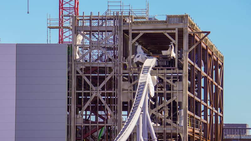 Tron Roller Coaster construction update February 2020 outside of building