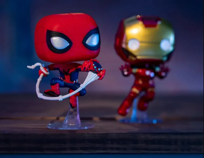 Spider-Man and Iron Man Funko Pop Vinyl figures at Avengers Campus