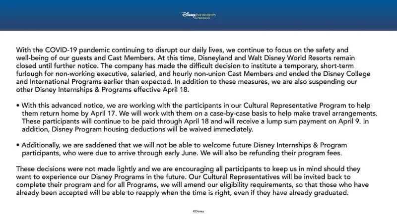 Disney suspends college program and international program