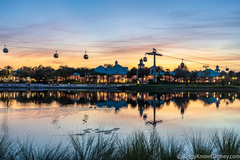 Disney Skyliner over water at Caribbean Beach