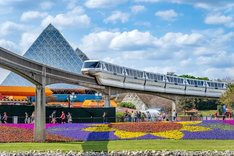 Monorail passing Imagination! pavilion Epcot Flower and Garden Festival