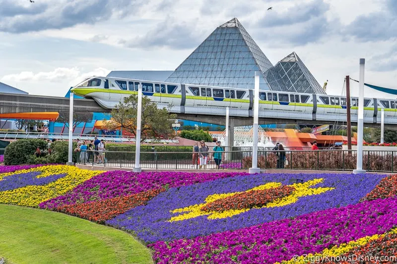 monorail and flower beds at Imagination! pavilion Epcot Flower and Garden Festival