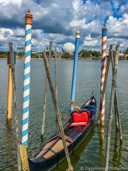 Gondola on World Showcase Lagoon with Spaceship Earth in the background