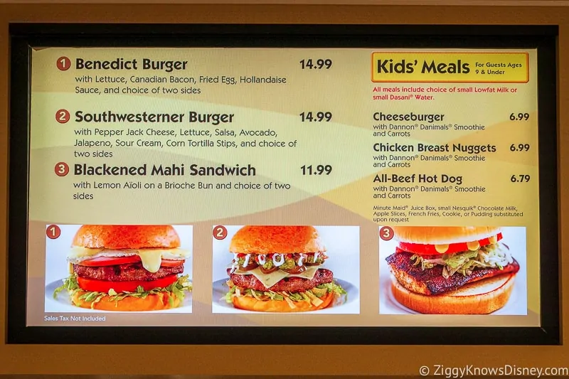 Menu with burgers at quick service restaurant