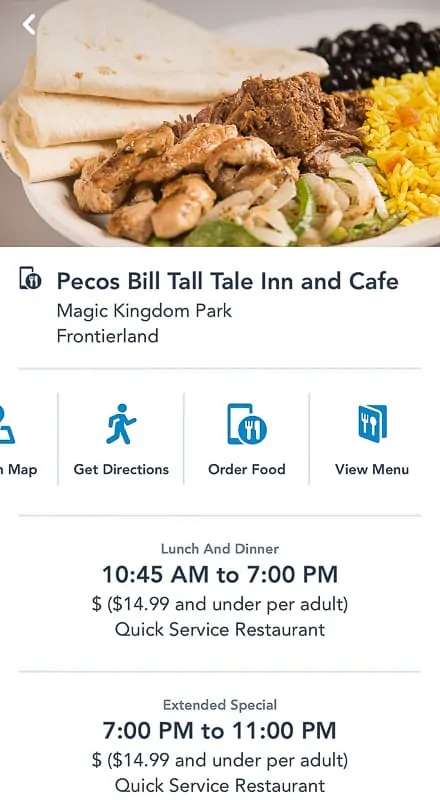 Disney Mobile Order Pecos Bill Tall Tale Inn screen