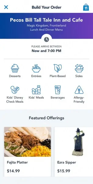 Disney Mobile Order Menu Screenshot