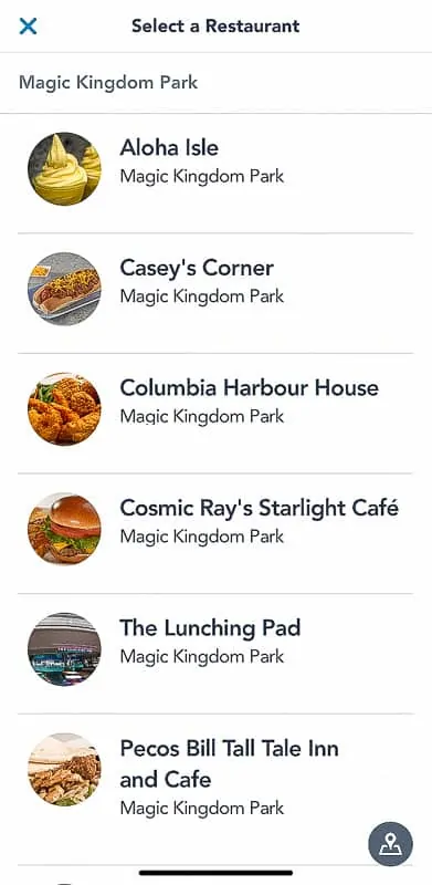 Restaurant list in Disney Mobile Order