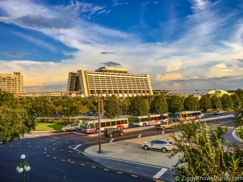 Disney's Contemporary Resort Hotel from a distance with buses