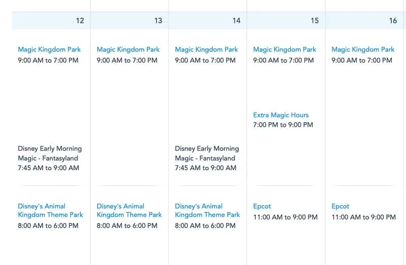 Disney World park calendar after reopening