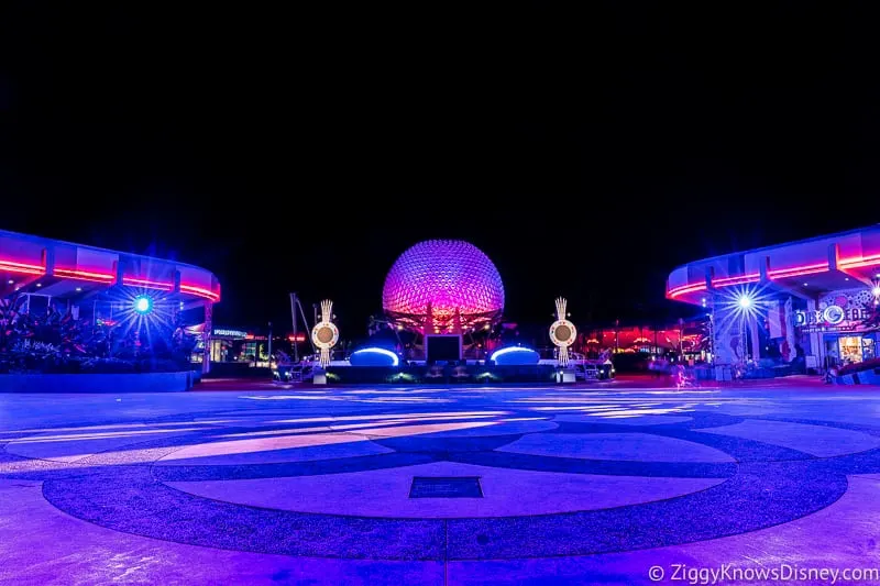 Spaceship Earth at night in EPCOT