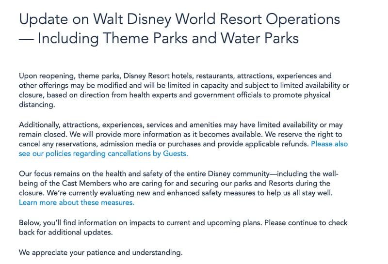 Disney World Closure Refunds, Updates & Cancellation Policy