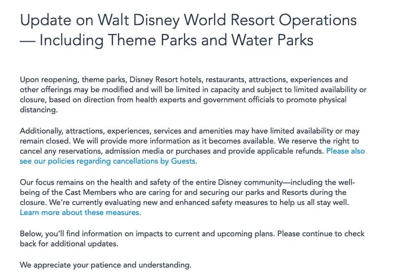 Disney World closure statement