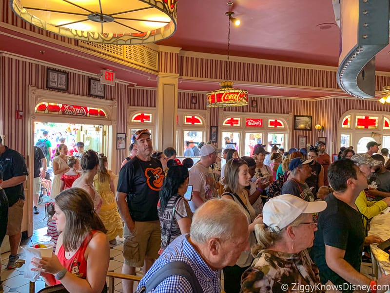 long line at Casey's Corner Magic Kingdom