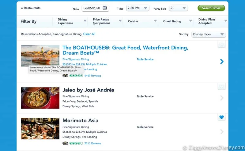 Disney Dining Reservations online restaurant list