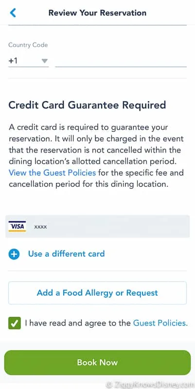 confirm credit card Disney dining reservation My Disney Experience
