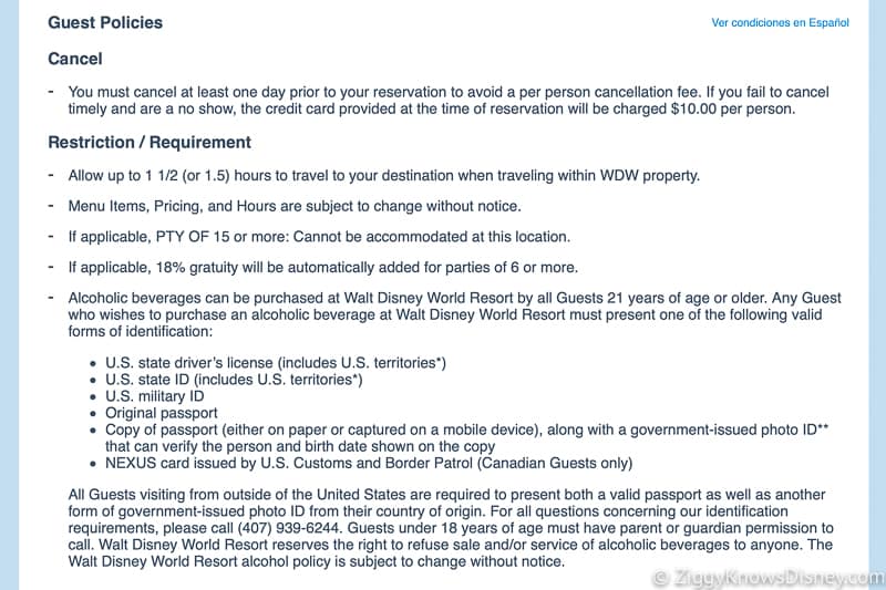 Disney World Dining reservation cancellation policy