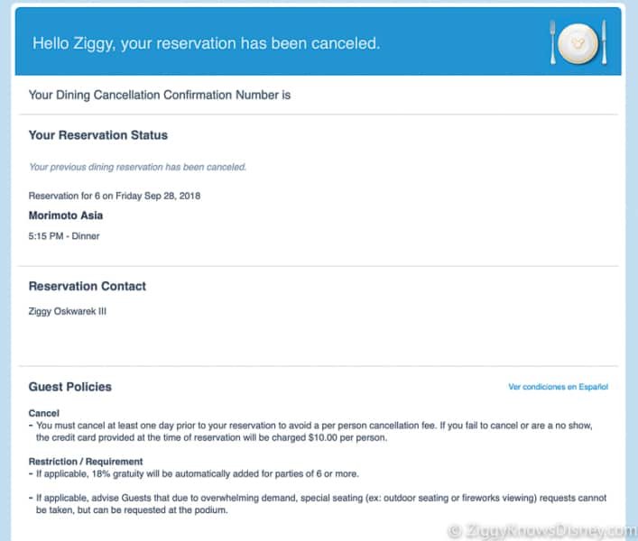 Disney World Dining reservation cancellation