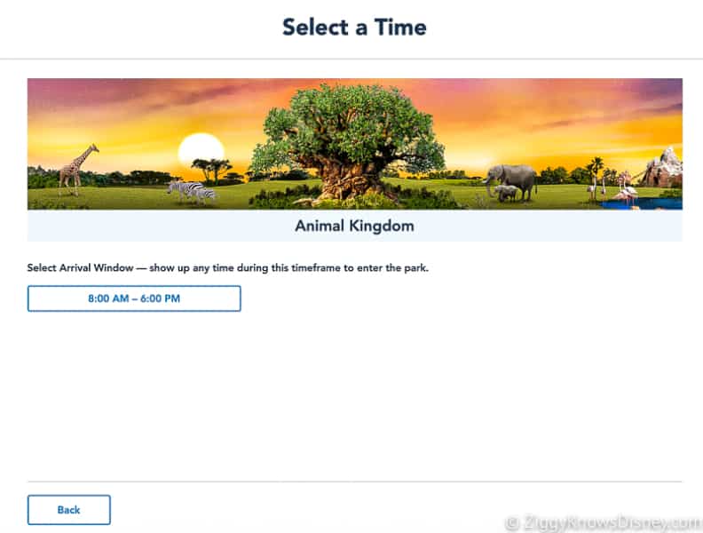Select a Time Animal Kingdom Disney Park Pass Reservation Screenshot website