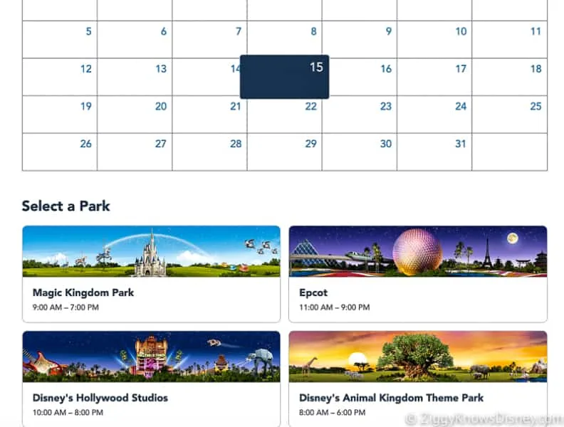 Disney Park Pass Reservation Screenshot select a date and park