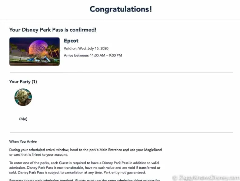 Disney Park Pass Reservation confirmation Screenshot EPCOT