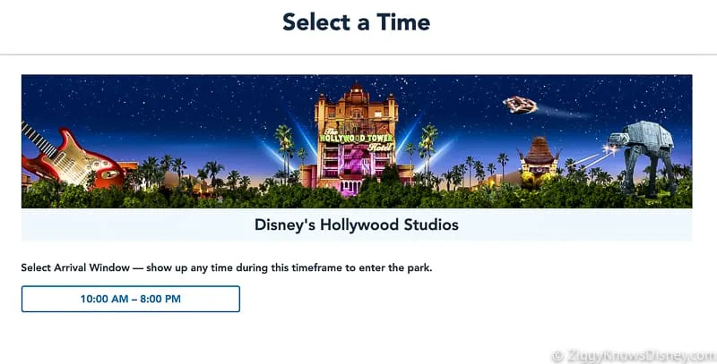 Disney Park Pass Reservation Hollywood Studios select a time Screenshots