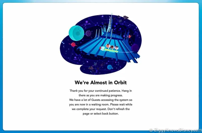 Disney Park Pass Wait screen We're almost in orbit