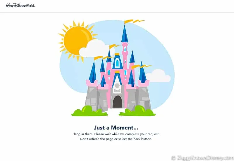 Just a moment waiting screen Disney Park Pass Reservations website