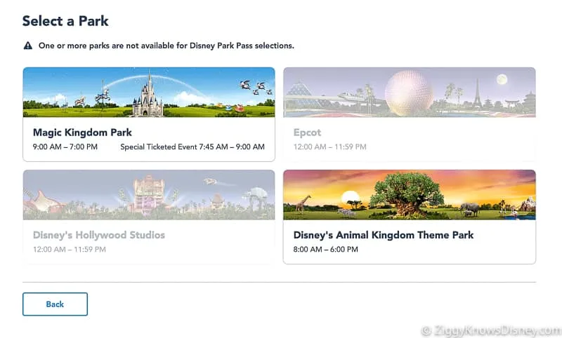 Disney Park Pass Reservations select park screen