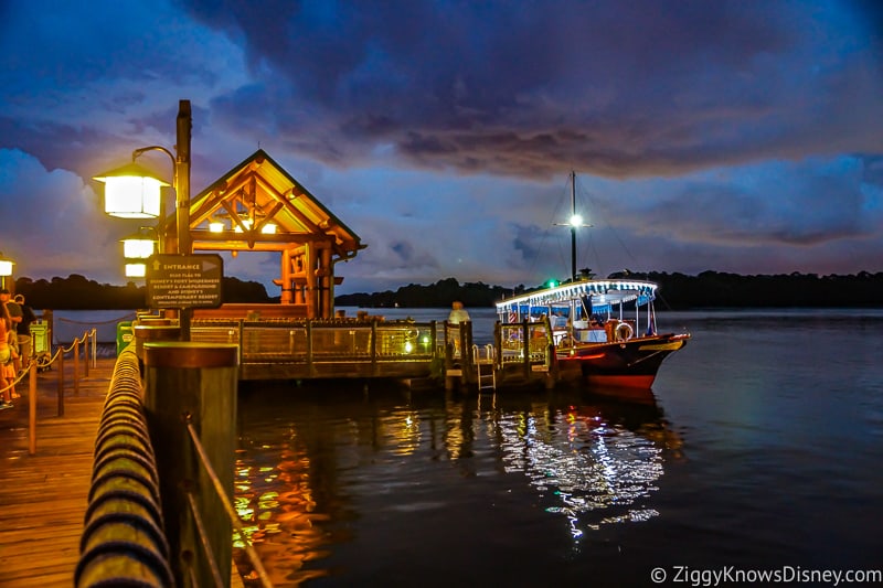 Disney World transportation boat docked at Wilderness Lodge