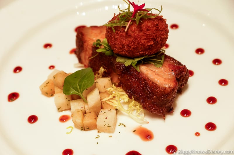 white plate of pork belly at Walt Disney World