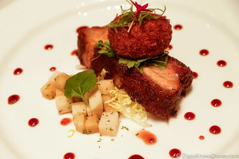 white plate of pork belly at Walt Disney World