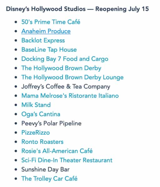 reopening restaurants Hollywood Studios list