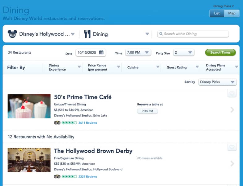 booking reservations at 50s Prime Time