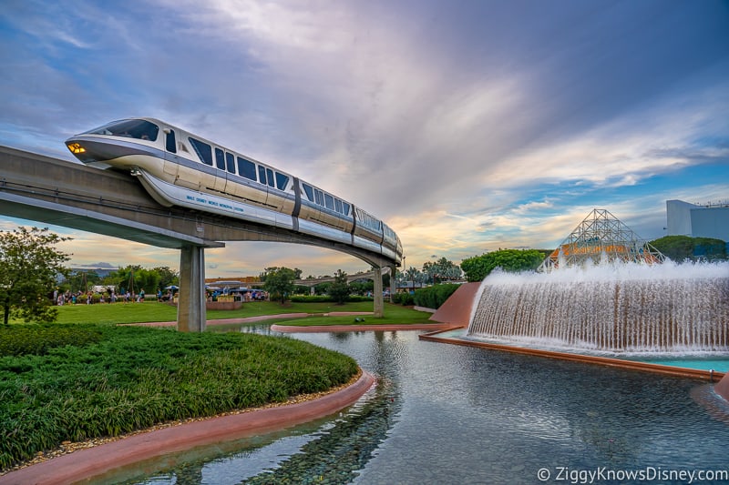 Disney World Monorail going past Imagination! pavilion in EPCOT