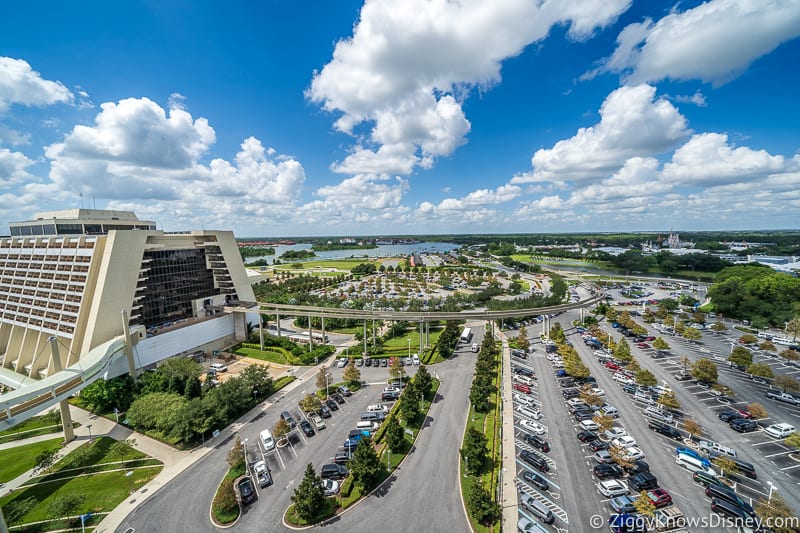 Disney's Contemporary Resort hotel from Bay Lake roof and Magic Kingdom in distance