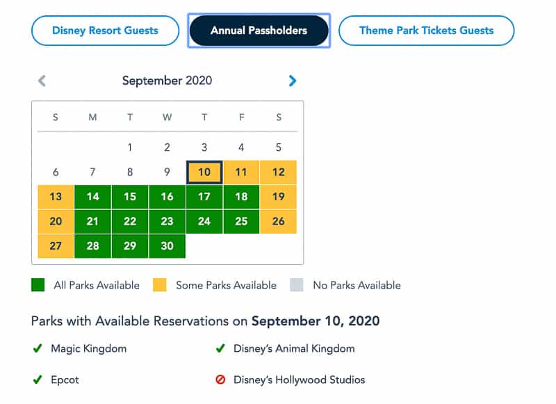 Disney Park Pass Reservations Annual Passholders September