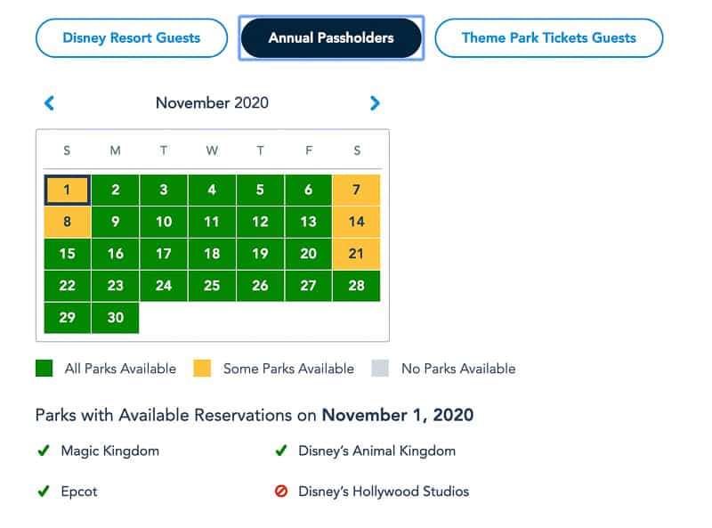 Disney Park Pass Reservations Annual Passholders November