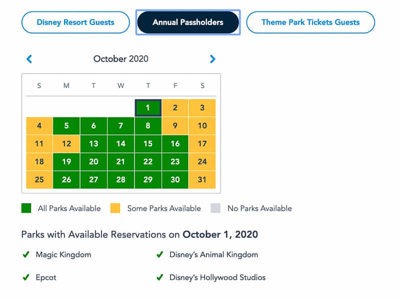 Disney Park Pass Reservations Annual Passholders October