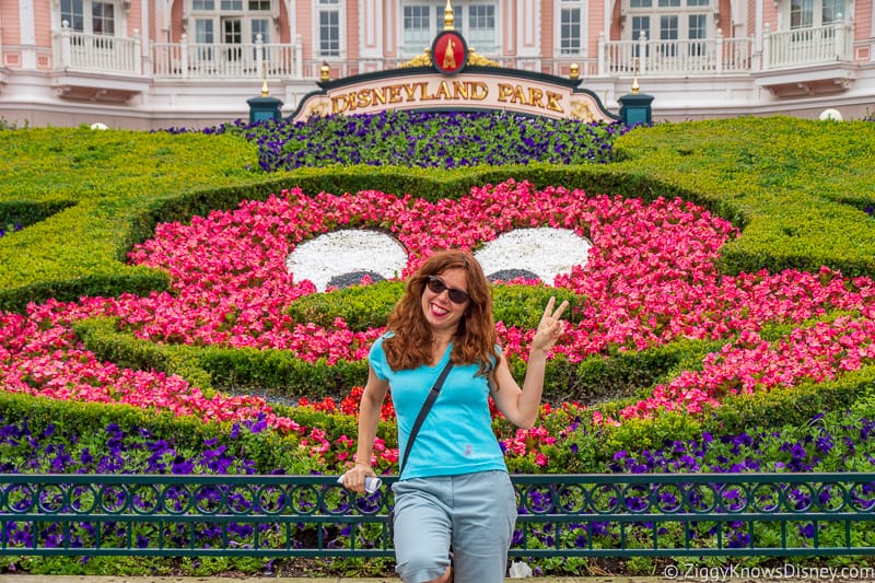 outside the Disneyland Paris Hotel with Mickey Face flowers