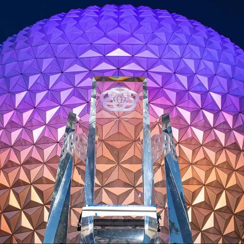 New Glass Prisms for EPCOT Entrance Fountain at night and Spaceship Earth