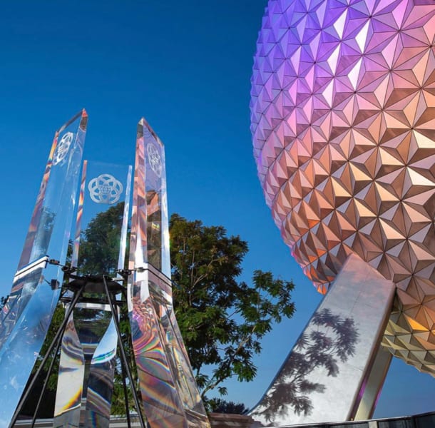 New Glass Prisms for EPCOT Entrance Fountain at night August 2020