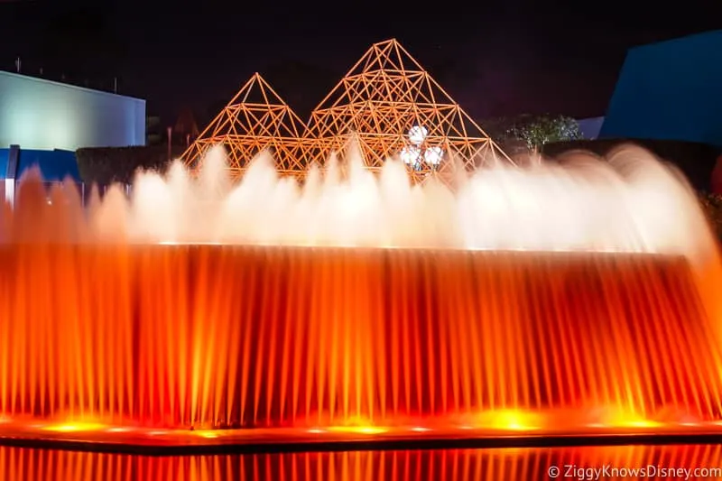 Fountains outside Imagination! Pavilion at night in EPCOT