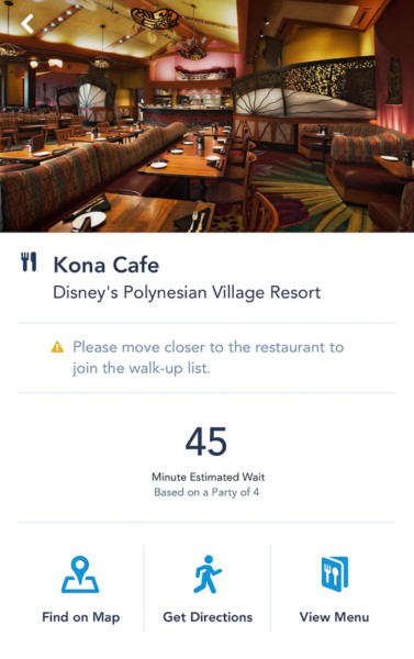 Disney Mobile Dine Waitlist 45 minute wait